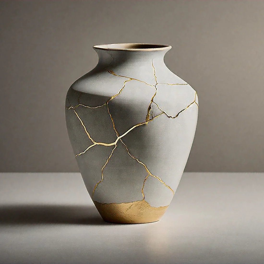 Vase japonais réparé selon l'art du kintsugi, fissures soulignées à l'or fin